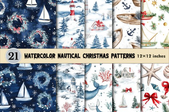Download Watercolor Nautical Christmas Patterns - Nautical Collection